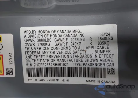 2024 Honda Civic Sport z USA, uszkodzony, nr VIN 2HGFE2F52RH561921